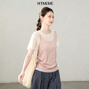 HTMEME | Summer Lyocell Spliced Color-blocked Mock-two-piece Mesh Short-sleeved T-Shirt