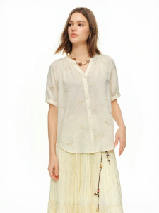 DUSHU | Embroidered Round Neck Shirt Elegant Commute Style