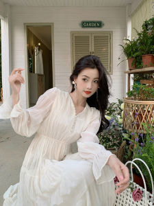 ชุดเดรสยาวเอวสูงคอวีสไตล์ฝรั่งเศส ทรงเอ แขนพอง กระดุมเดียว ทรงเอ ชุดเดรสยาวปานกลาง ผ้าโพลีเอสเตอร์ สไตล์ทำงาน