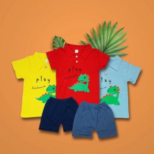 SETELAN KAOS ANAK LAKI-LAKI / BAJU SETELAN ANAK IMPORT MOTIF PLAY GREEN DINOSAURUS USIA 3-4 TAHUN 100% BAHAN KATUN B-2