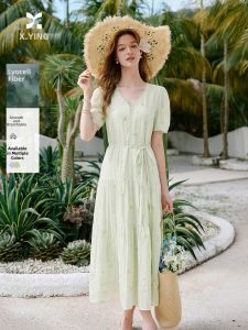 XIANGYING | Đầm cổ V thêu hoa màu xanh giảm cân