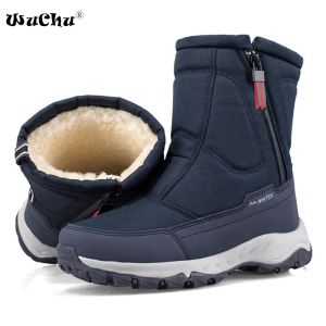 WuChu Men Winter Boots Ankle Snow Boots Men Hiking Shoes Outdoor Snow Boots Thick Fur Warm Side Zipper Casual Platform Men Boots Male Cotton Shoes 36-45