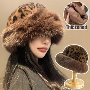 Women Leopard Print Plush Bucket Hat - Thick Fluffy Fur Fisherman Hat Panama Cap Outdoor Warm Ear Protection Hat Earmuffs Mongolia Cap