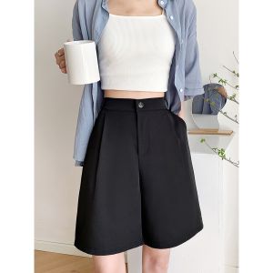 กางเกงขาสั้นผ้ายืดทรงหลวมเอวสูงสีดำสำหรับผู้หญิงในช่วงฤดูร้อนปี 2024 กางเกงขายาวทรงตรงทรงสลิมฟิต 5 นิ้ว กางเกงขายาวลำลอง