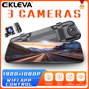 EKLEVA 3 Camera WIFI Car DVR Three Lens Mirror 10 Inch Night Vision Touch Video Recorder Dashcam Front 1080P + Inside 720P + 720P Rear Cam