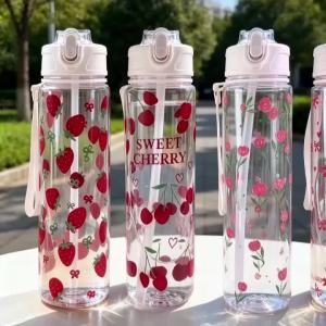 700ML White Water Bottle All Over Printed Cartoon Strawberry Bow Cherry Flower,Leakproof Reusable Stylish Cup for Sports