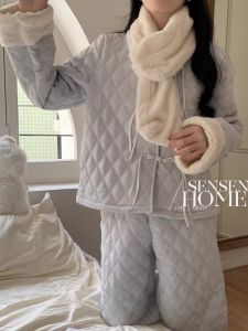 Thickened Fleece Warm Sleepwear Womens French Style Three-layer Cotton Home Clothes Long Sleeve Long Pants round Neck Zipper