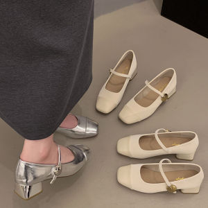 Comfortable Small Size Womens Shoes Mary Janes Chunky Heel Fashionable Flat Footwear Korean Style round Toe Rubber Outsole
