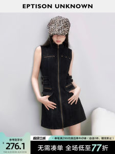 EPTISON เดนิม เดรส ผู้หญิง ฤดูร้อน อเมริกันเรโทรใหม่ ปกตั้ง พรางหุ่น เซ็กซี่ แขนกุด กระโปรง เอวสูง สไตล์ลำลอง