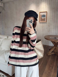 Leisure round Neck Striped Long Sleeve Womens T-shirt Loose Base Shirt Versatile Top Nis Autumn New StyleCommuter Chic Cotton Polyester