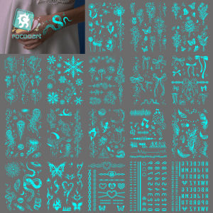 เซ็กซี่เผ่าลูกไม้เรืองแสงใน Dark ปลอม Tattoo สีฟ้าส่องสว่างงูดอกไม้ชั่วคราว Henna Moon รอยสักสําหรับหญิงสาว Body
