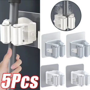 5pcs Mop and Broom Holder / Wall Mounted Self-adhesive Broom Mop Hook / Heavy Duty Punch-free Broom Organizer / Waterproof Traceless Hanging Storage Rack for Bathroom