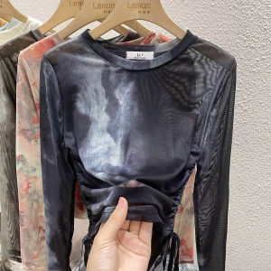 Áo Thun Nữ Tay Dài Chống Nắng Mùa Xuân 2025 Thiết Kế Lưới Rút Dây Áo Thun Nữ Dáng Ôm Vừa Vặn Kiểu Pháp