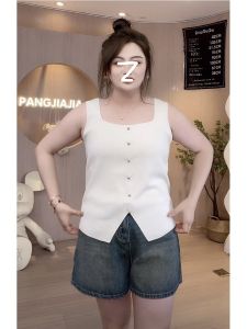 เสื้อกั๊กถักแขนกุดคอเหลี่ยมสำหรับผู้หญิงไซส์ใหญ่ในช่วงฤดูร้อน เสื้อคลุมกันหนาวแบบสวมหัว ทรงเข้ารูป ทรงเข้ารูป แขนกุด