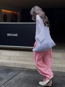 Quần Dài Kẻ Caro Màu Hồng Mỏng Mùa Hè Cho Nữ Quần Dài Ống Rộng Thường Ngày Phong Cách Nhật Bản Quần Đi Bộ Dopaamine