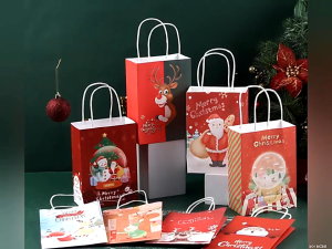 10Pcs Kraft Paper Christmas Gift Bag with Handle Snowman Santa Xmas Decoration Festival Party Candies Packing Bag