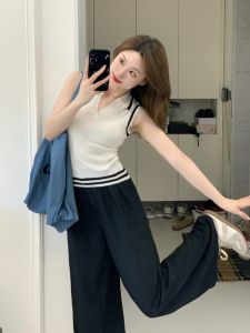 Fashionable Casual Knitted Vest for Women Summer Simple Minimalist Design Slim Fit Contrast Stripe Pullover Top