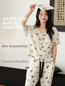 miiow | MiiOW Ice Silk Sleepwear Womens Home Clothes With Chest Pad Anti-Protrusion Sweet Cute Style Summer Long Pants Short Sleeve