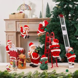 Novelty Plush Santa Climbing Up and Down Ladder Electric Climbing Rope Santa Claus with Music Funny Toys Christmas Decor