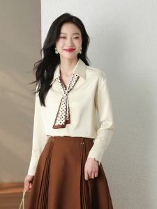 AMMIN 2025 Spring High-End Simple Lapel Fashion Polka Dot Print Tie Design Long Sleeve Stylish Chic Commuting Chiffon Blouse for Women Korean Style Elegant Blouse