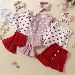 Korean Style Baby Girls Valentines Day T-shirt Flared Pants One-step Skirt Hairband Three-piece Cotton Outfit Heart Pattern