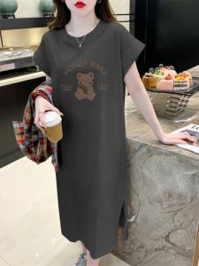 Pure Cotton Short Sleeve Long Dress Casual Knee-Length T-Shirt Dress Women Summer Korean Style Chic plus Size Loose Belly Covering Dress