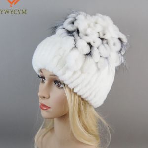 New Luxury Women Fur Hat For Winter Handmade Natural Rex Rabbit Fox Fur Cap Russian Female Fur Headgear Brand Warm Beanies Cap