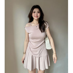 Fashion Casual Shoulder Bared Slant Collar Slim Fit Top High Waist Skirt Anti Aging Two Piece Set for Women Summer New Arrival