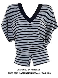 เสื้อยืดคอกลมแขนสั้นลายทางสไตล์เกาหลีไซส์ใหญ่สำหรับผู้หญิง ทรงเข้ารูป แขนกระต่าย แฟชั่นฤดูร้อน ทรงสลิม เสื้อผ้าทำงาน