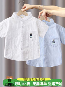 Boys Short Sleeve Cotton Shirt Summer New Style Thin Pure Cotton Stand Collar Solid Color Childrens Fashion Brand Top