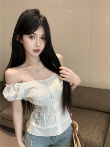 GUZILIAN | French Elegant Pure Desire Button Splice Lace Bubble Sleeve Slim Fit Sweet Tender Hollow Out Top Womens T-shirt Knitted Short Sleeve Summer Casual Wear