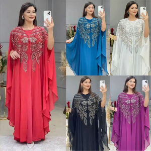 2PCS Bộ abaya váy của phụ nữ hồi giáo Robe kim cương v-cổ wanita ăn mặc Dubai cỡ lỡn hồi giáo jubah bat tay Đầm tiệc tối