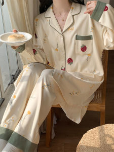 ชุดนอนผู้หญิงแขนยาวผ้าฝ้ายแท้ 2025 ฤดูใบไม้ผลิและฤดูใบไม้ร่วง ชุดนอนผู้หญิงไซส์ใหญ่ ชุดนอนผ้าฝ้ายแท้ 200 ปอนด์ ชุดนอนผู้หญิง