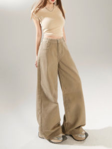 Extended Size plus Tall Womens Vintage Khaki Wide Leg Jeans American Style Loose Straight Floor Length Fleece Lined Bootcut