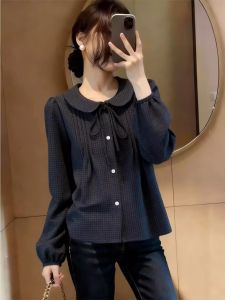 NUMEN BUTTON | Vintage Ruffled Collar Plaid Long Sleeve Slimming Shirt