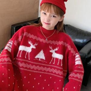 Christmas Theme Red Deer Sweater Womens Autumn Winter Vintage Top Atmosphere Feeling Christmas Style Knitted Sweater