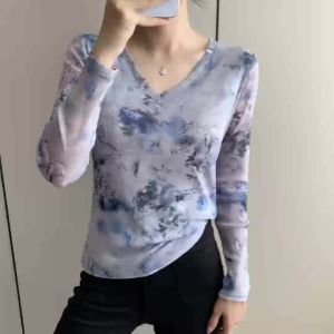 Rehin Áo Thun Nữ Cổ Chữ V màu khối dài tay in họa tiết ôm gọn co giãn thu đông áo Blouse thời trang