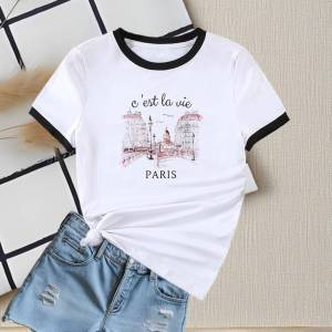 Áo Thun Nữ Dáng Ôm Tay Ngắn Cổ Tròn Màu Tương Phản Mùa Hè 2025 Phong Cách Mới Thời Trang Thường Ngày Đa Năng