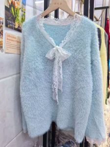 Sweet Style 2024 Winter Womens Ribbed V-Neck Sweater Soft Shaggy Base Layer Shirt Lace Splicing Mink Velvet Lazy Fashion