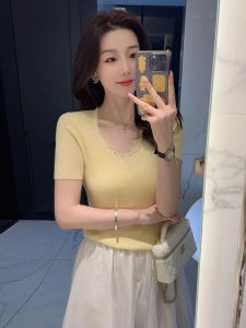 Chic Summer Knitted Top for Women Korean Style  Breathable Comfortable Short Sleeve round Neck Pullover Solid Color
