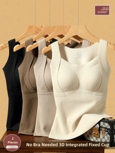 Womens Fleece Lined Thickened Velvet Winter Camisole Tank Top Integrated Warm Underwear with Chest Pad U-Neck Backless Design