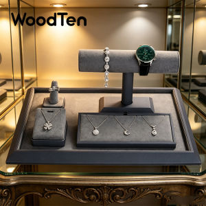 WoodTen Jewelry Stand Display For Business Grey Leather Earring Jewelry Display Stand Necklace Bracelet Watch Jewelry Holder