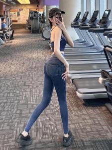 กางเกงโยคะยีนส์ยืดหยุ่นเอวสูงสำหรับผู้หญิง กางเกงออกกำลังกายสำหรับวิ่ง กางเกงขายาวทรงเข้ารูป ใส่กลางแจ้งได้ กางเกงยีนส์ทรงเข้ารูปสุดไฮเอนด์