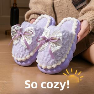 Winter Cotton Slippers Womens Plush Indoor Home Thick Bottom Anti-slip Butterfly Knot Fur Shoes Warm Cozy Home Fabric Slippers