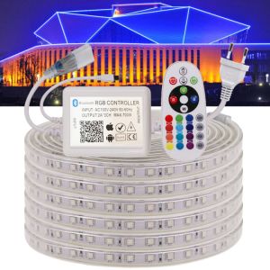 SMD 5050 AC220V บลูทู ธ LED RGB Strip Light IP67 ไฟ LED เทปยืดหยุ่นกันน้ำ 60led/M พร้อมปลั๊ก EU สวนกลางแจ้งตกแต่งบ้านไฟสตริง