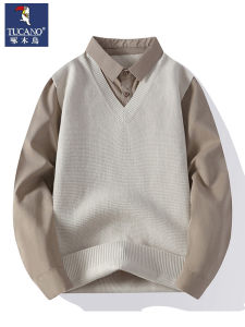 Casual Shirt Collar Patchwork Mens Knitted Sweater V-Neck Fashion Urban Style Polyester Fiber Winter Thickened Long Sleeve