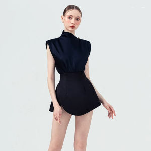French Elegance Slim Fit Collarless Sleeveless Top and Waist-High Slim Shorts Set