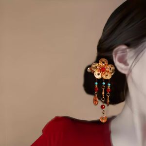 rosci | Chinese Style Red Velvet Flower Tassel Hair Clips