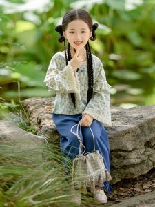 Girls Ethnic Style Outfit Floral Print Two-Piece Set Autumn Collection Cotton Traditional Chinese Dress for Little Girls