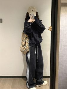 Early Spring 2025 American Style Loose Casual Womens Sport Pants High Waist Wide Leg Knitted Cotton Trousers Three Bars